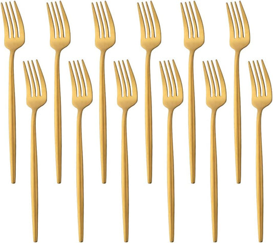 12 PCS Modern Stainless Steel Dinnerware Flatware Set, Reusable Popular Dinner Fork, Widely Use on Home, Restaurant, Party, 8.6 Inch, Gold