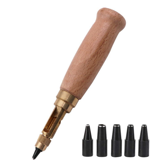 Adjustable Screw Hole Punch Automatic Hole Punch Tool with Wood Color Wooden Handle Bookbinding Tool Leather Hole Punch with 6 Tips Size 1.5mm/2mm/2.5mm/3mm/3.5mm/4mm.