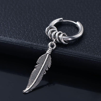 Stainless Steel Feather Design Hoop Earrings, Punk Rock Style Earrings Jewelry, Vintage Leaf Alloy Silver