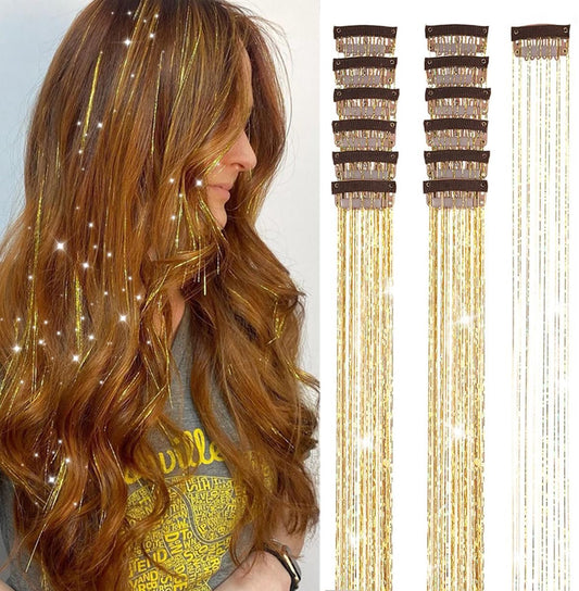 Hair Tinsels - Festival Glitter Hair Extensions - Glittery Hair Extensions - 12-Piece Clip-On Hair Accessory Set - 52cm, for Christmas and New Year, Glittery Hair Extensions, Suitable for Women, Girls and Children (Gold)