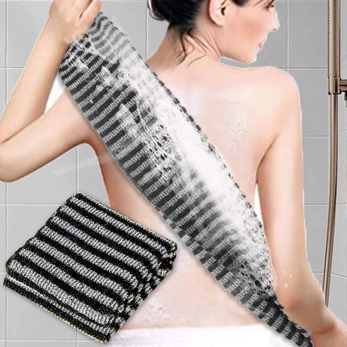 Back Scrubber Set | 2-Piece Exfoliating Shower Towel | Extra Long Exfoliating Washcloth for Men and Women - Scrub Cloth for Body Cleansing and Massage (Black-A)