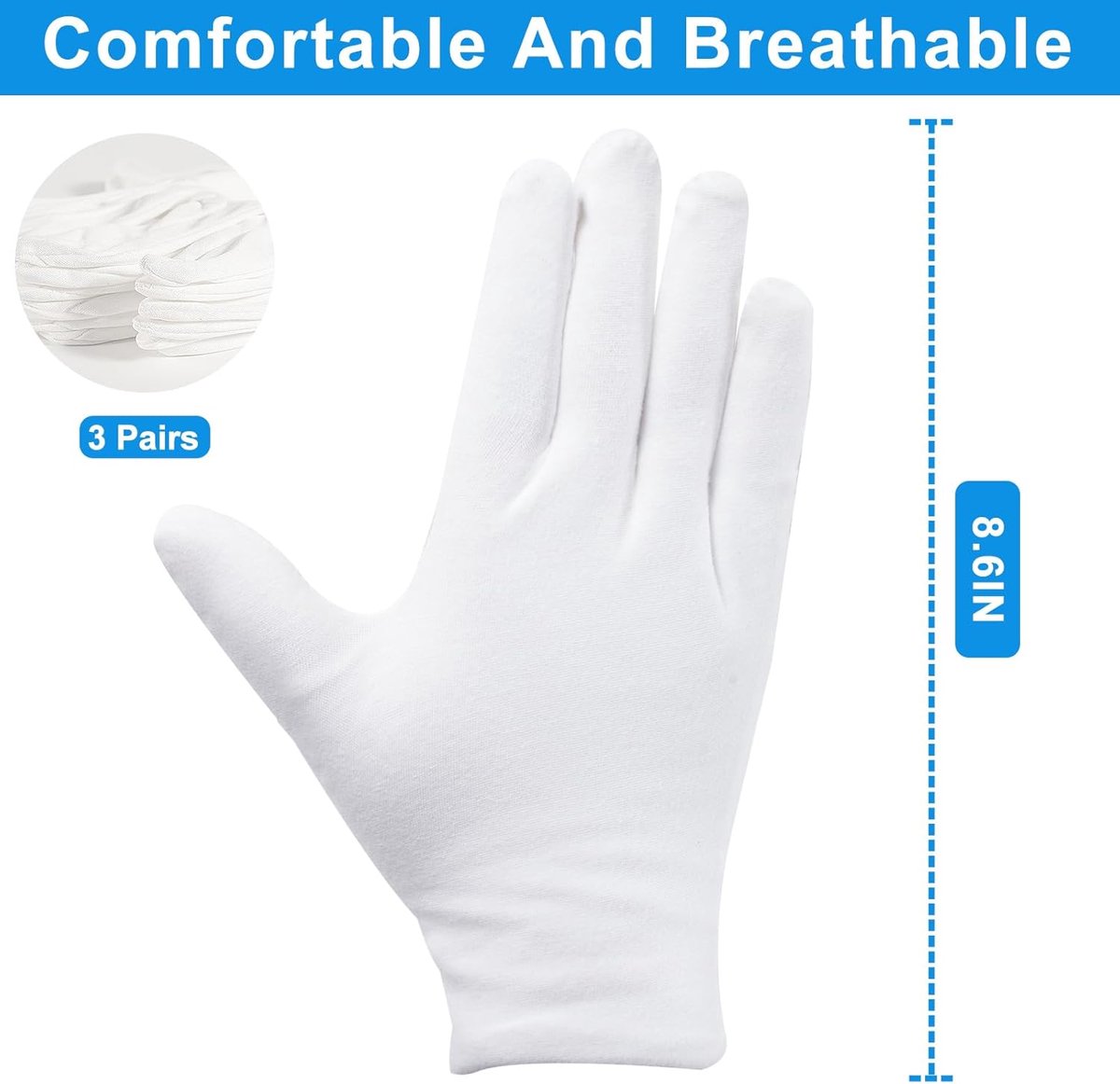 Gloves - 3 pairs - White cotton gloves - Suitable for dry hands - Can be worn while sleeping - High-quality cotton gloves - Unisex white gloves - Gloves with rounded corners