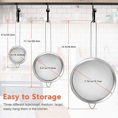 Three-Piece Ultra Fine Metal Sieve Set - with Handles - Sizes Small, Medium & Large - Made of Stainless Steel - Suitable for Kitchen, Rice, Juice, Quinoa, Food, Flour & Baking.