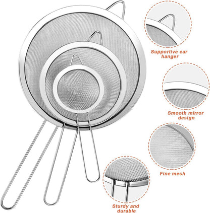 Three-Piece Ultra Fine Metal Sieve Set - with Handles - Sizes Small, Medium & Large - Made of Stainless Steel - Suitable for Kitchen, Rice, Juice, Quinoa, Food, Flour & Baking.