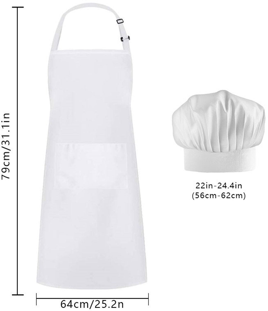 Apron and Hat Set - Adjustable Chef's Hat and Apron - Unisex Baker's Clothing (White)