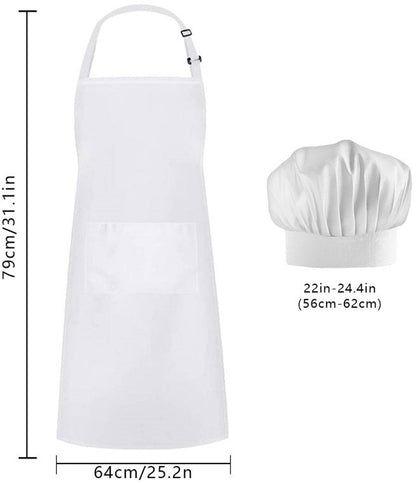 Apron and Hat Set - Adjustable Chef's Hat and Apron - Unisex Baker's Clothing (White)