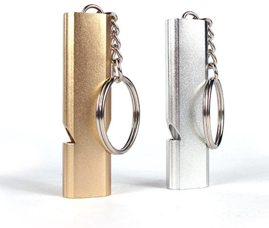 Whistles - Emergency Survival Whistles - Set of 2 - Extra Loud Aluminum Whistles for Outdoor Use - Slim Double-Barrel Rescue Whistles - Suitable for Swim Training, Camping, Hiking, Hunting, Boating and Other Activities (Gold + Silver).