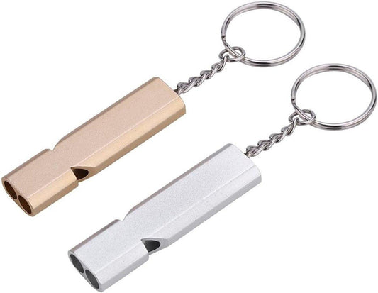 Whistles - Emergency Survival Whistles - Set of 2 - Extra Loud Aluminum Whistles for Outdoor Use - Slim Double-Barrel Rescue Whistles - Suitable for Swim Training, Camping, Hiking, Hunting, Boating and Other Activities (Gold + Silver).