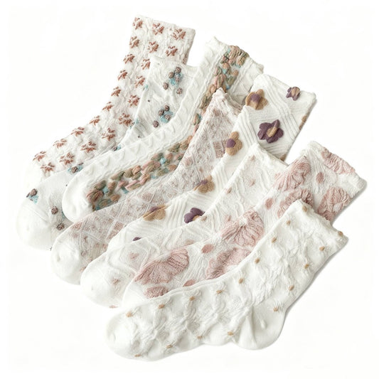 8 pairs of socks - retro women's socks - versatile mid-calf - 3D relief art fresh - women's stockings