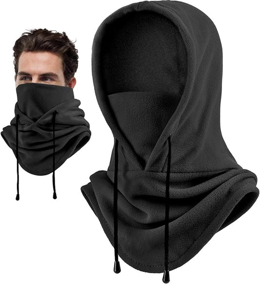 Hooded Scarf - Drawstring Scarf - Windproof Face Mask - Warm Face Mask - Scarf - Black - Motorcycle Neck Warmer - Suitable for winter activities such as skiing, running, cycling, motorcycling, picnicking and mountaineering..