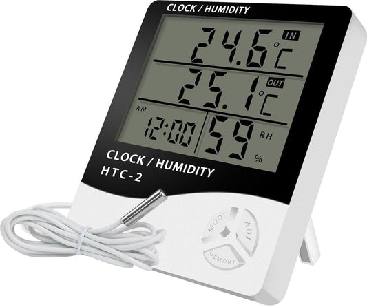 HTC-2 Indoor/Outdoor Temperature/Hygrometer - Digital Temperature and Humidity Sensor for Home - Portable with Time Display - Suitable for Temperature and Humidity Monitoring.