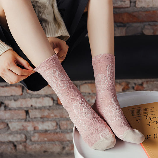 Women's slipper socks (4 pairs) - House socks - Pink socks - Women's autumn and winter socks, with sweet-smelling suede - Vintage print embroidered women's socks