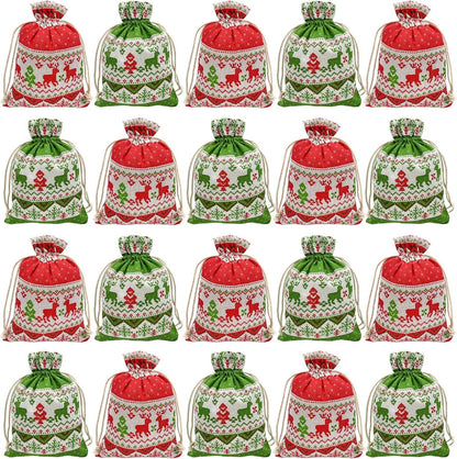 Christmas linen gift bags - 24 pieces - 10x14cm - Christmas decoration for indoors - Reusable - Christmas candy bags with drawstring - Suitable for gift bags for children's parties during the Christmas holidays