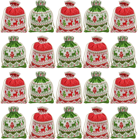 Christmas linen gift bags - 24 pieces - 10x14cm - Christmas decoration for indoors - Reusable - Christmas candy bags with drawstring - Suitable for gift bags for children's parties during the Christmas holidays