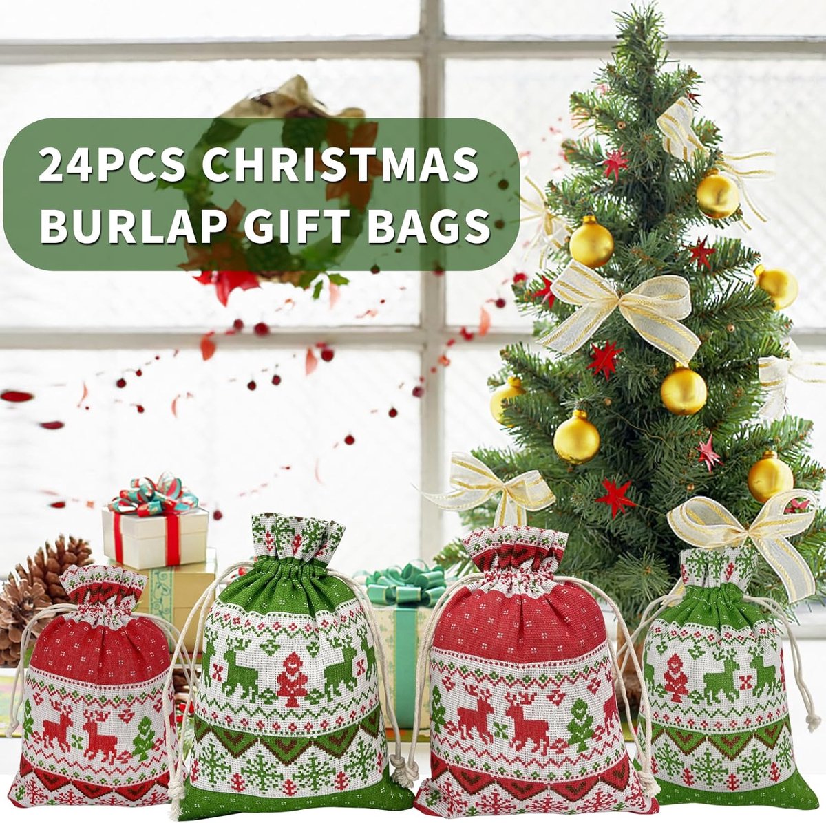 Christmas linen gift bags - 24 pieces - 10x14cm - Christmas decoration for indoors - Reusable - Christmas candy bags with drawstring - Suitable for gift bags for children's parties during the Christmas holidays