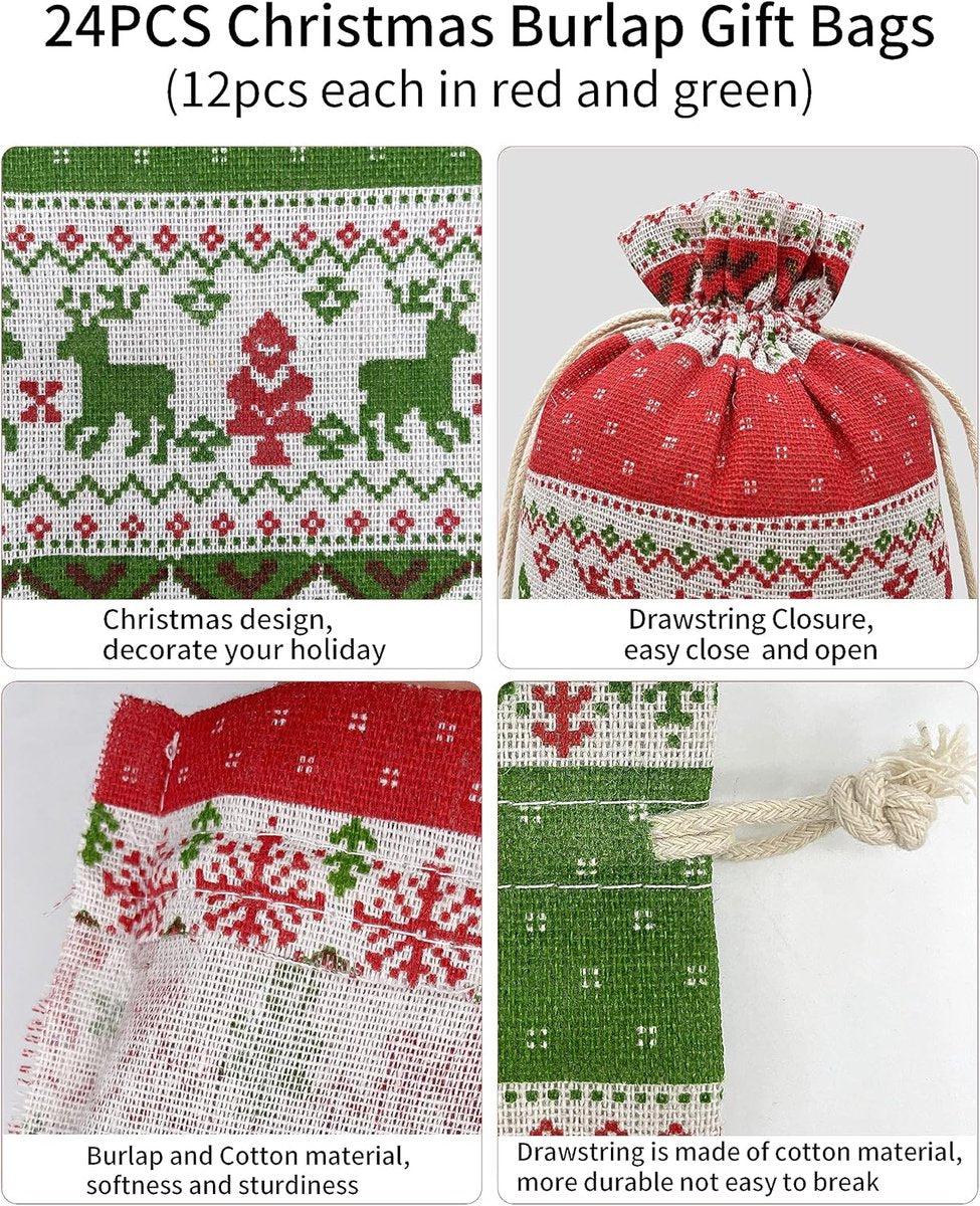 Christmas linen gift bags - 24 pieces - 10x14cm - Christmas decoration for indoors - Reusable - Christmas candy bags with drawstring - Suitable for gift bags for children's parties during the Christmas holidays