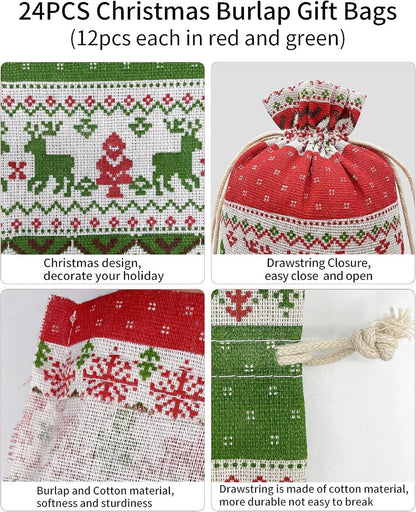 Christmas linen gift bags - 24 pieces - 10x14cm - Christmas decoration for indoors - Reusable - Christmas candy bags with drawstring - Suitable for gift bags for children's parties during the Christmas holidays