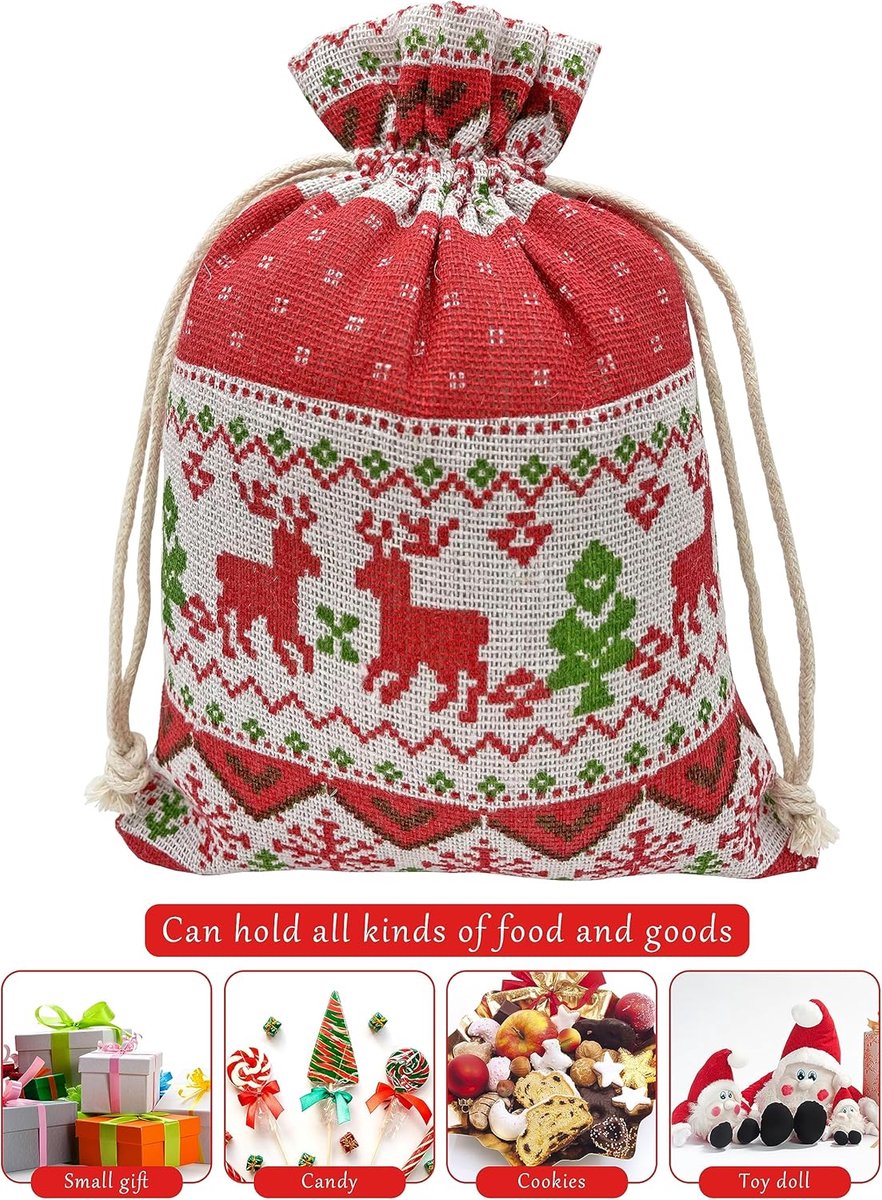 Christmas linen gift bags - 24 pieces - 10x14cm - Christmas decoration for indoors - Reusable - Christmas candy bags with drawstring - Suitable for gift bags for children's parties during the Christmas holidays