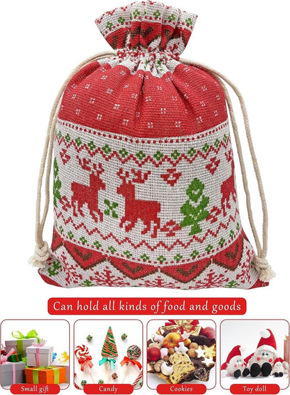 Christmas linen gift bags - 24 pieces - 10x14cm - Christmas decoration for indoors - Reusable - Christmas candy bags with drawstring - Suitable for gift bags for children's parties during the Christmas holidays