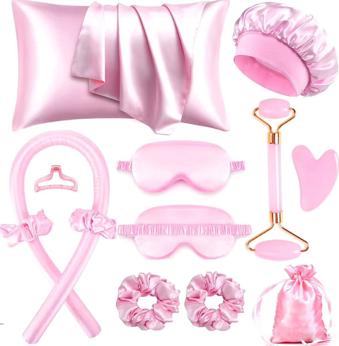 Hair Rollers - 12-Piece - Heatless Curling Iron - Heatless Curls - Curls without Heat - Includes Hair Clip and Satin Sleep Cap (Pink)