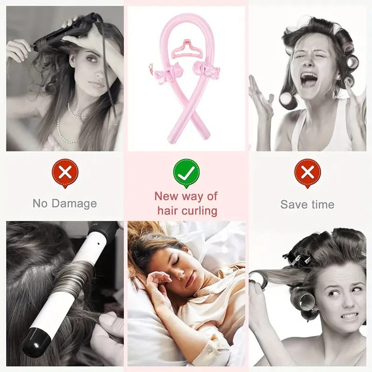 Hair Rollers - 12-Piece - Heatless Curling Iron - Heatless Curls - Curls without Heat - Includes Hair Clip and Satin Sleep Cap (Pink)