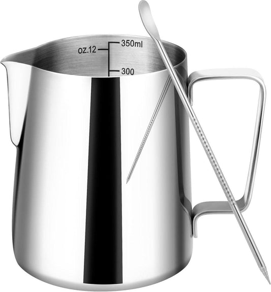 Milk Frothing Cup - 350ml Milk Frothing Cup - Clear Markings - Cappuccino Espresso Machine Accessory Made of Stainless Steel 304 - Suitable for Barista Coffee Shops - With Latte Art Pen - Silver.