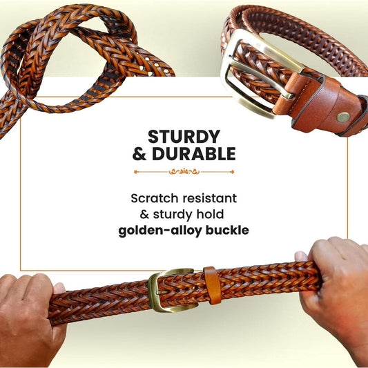 Men's Belts - Women's Belts - Casual Belts Made of Genuine Leather - Durable - Mesh Weave Design - Ideal for Business Wear and Formal Occasions