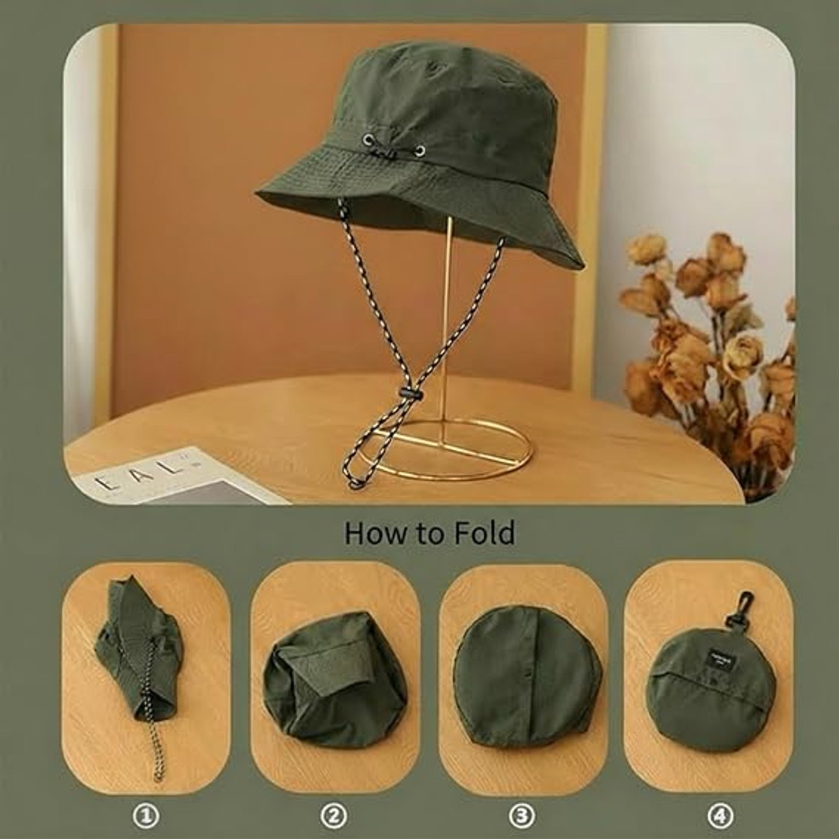 Hat - Sun Hat - Outdoor Jungle Hat - Foldable Bucket Hat - Rain Hat - Unisex - With Removable Chin Strap - 2-Piece (Black + Green)