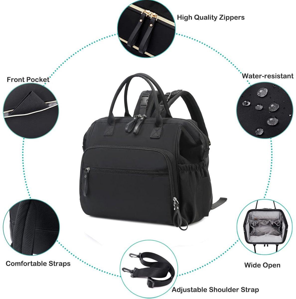 Convertible Diaper Bag - Wide Opening - 14 Pockets - Stylish - Baby Changing Bag - with Stroller Buckle - Diaper Bag - Waterproof (Black).