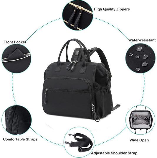 Convertible Diaper Bag - Wide Opening - 14 Pockets - Stylish - Baby Changing Bag - with Stroller Buckle - Diaper Bag - Waterproof (Black).