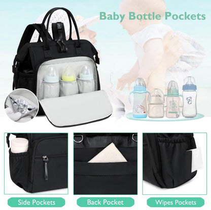 Convertible Diaper Bag - Wide Opening - 14 Pockets - Stylish - Baby Changing Bag - with Stroller Buckle - Diaper Bag - Waterproof (Black).
