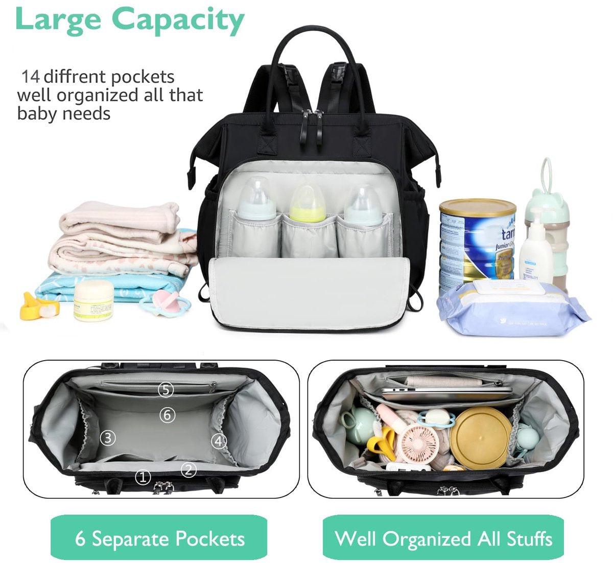 Convertible Diaper Bag - Wide Opening - 14 Pockets - Stylish - Baby Changing Bag - with Stroller Buckle - Diaper Bag - Waterproof (Black).