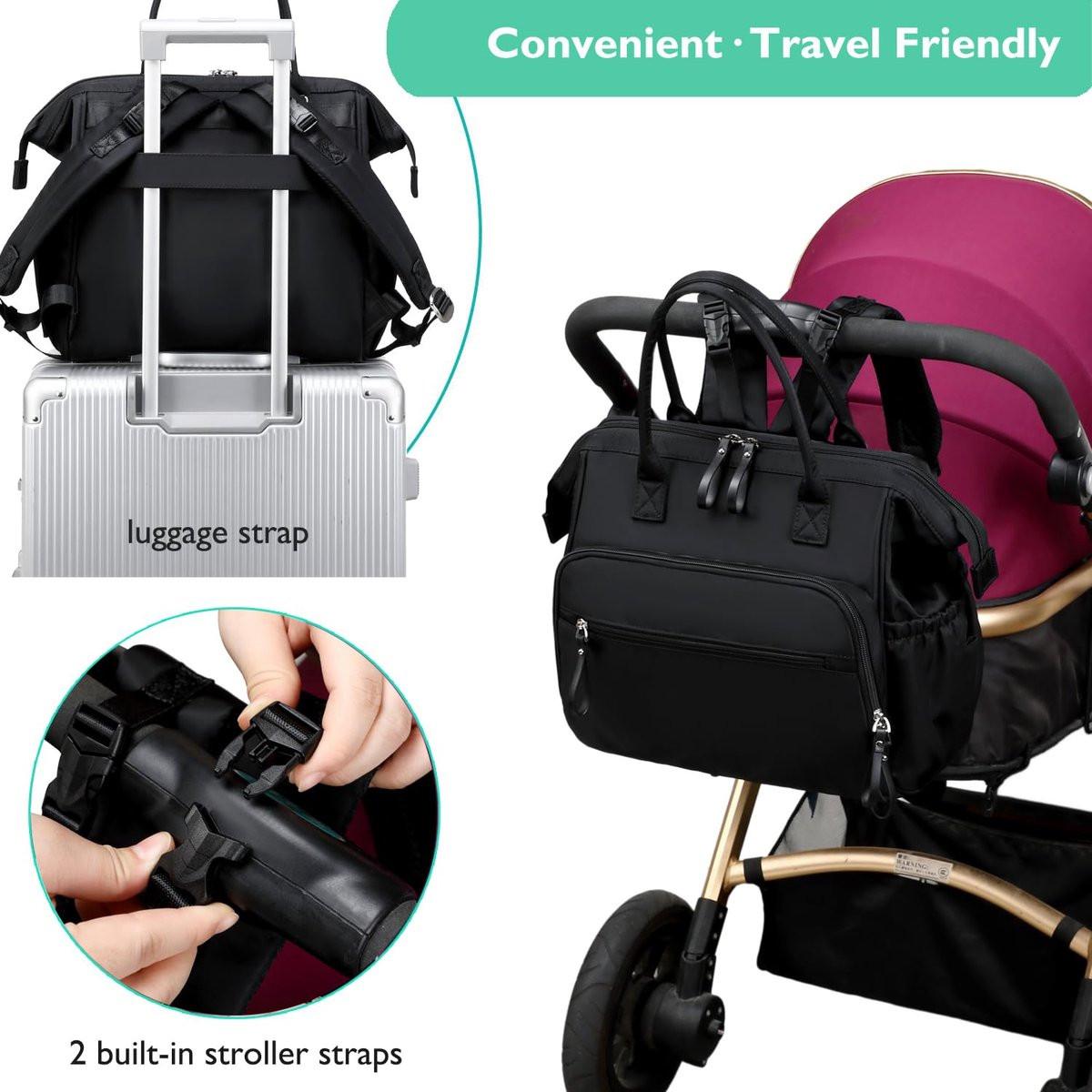 Convertible Diaper Bag - Wide Opening - 14 Pockets - Stylish - Baby Changing Bag - with Stroller Buckle - Diaper Bag - Waterproof (Black).