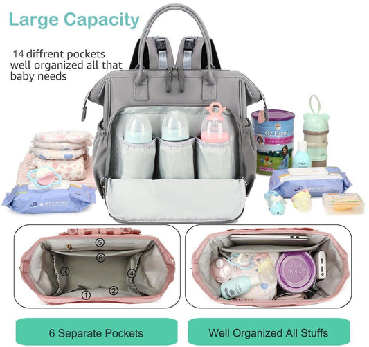Convertible Diaper Bag - Wide Opening - 14 Pockets - Stylish - Baby Changing Bag - with Stroller Buckle - Diaper Bag - Waterproof (Gray).