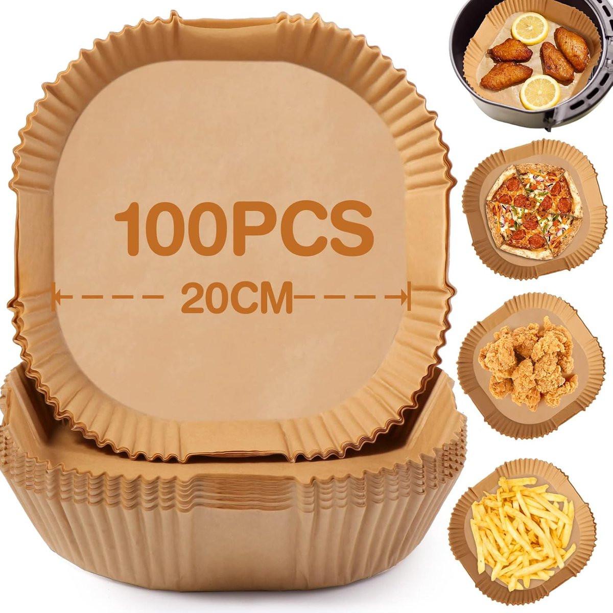 Airfryer Paper (100 sheets) - Airfryer Paper Mat 20 cm - Non-stick Airfryer Paper - Baking Mat - BPA-free - Suitable for 3-6 litre ovens - Baking Tray - Microwave-safe (square).
