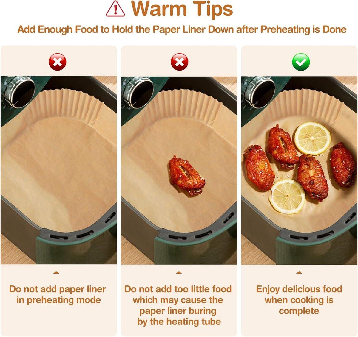 Airfryer Paper (100 sheets) - Airfryer Paper Mat 20 cm - Non-stick Airfryer Paper - Baking Mat - BPA-free - Suitable for 3-6 litre ovens - Baking Tray - Microwave-safe (square).