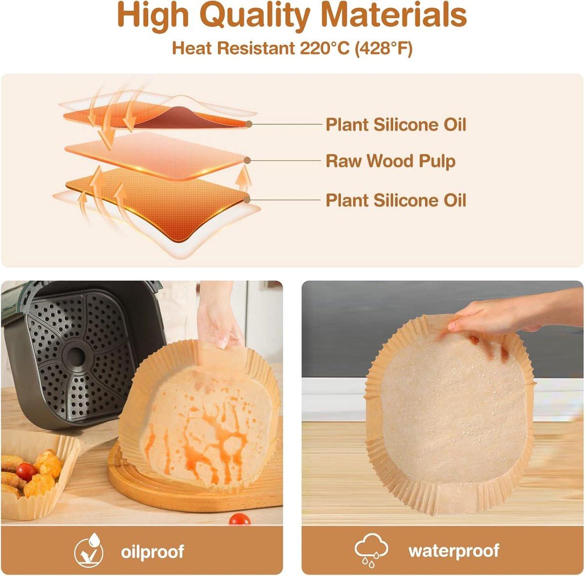 Airfryer Paper (100 sheets) - Airfryer Paper Mat 20 cm - Non-stick Airfryer Paper - Baking Mat - BPA-free - Suitable for 3-6 litre ovens - Baking Tray - Microwave-safe (square).