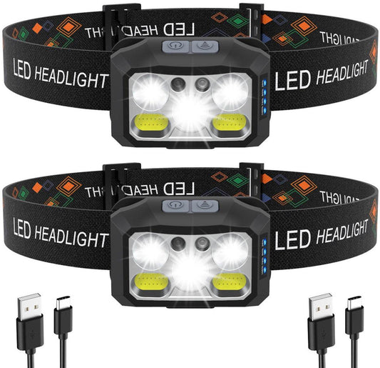 Headlamp LED Rechargeable - Headlight - 2-Pack LED Headlamp - Rechargeable - Ultralight, High Brightness - Waterproof Headlamp Flashlight, Suitable for Hiking, Camping, Running, Fishing and Hunting.