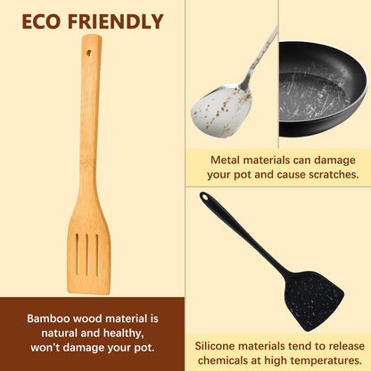 cookware set - 6-piece bamboo spatula and spoon set - Suitable for cooking - Wooden cookware