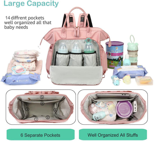 Convertible Diaper Bag - Wide Opening - 14 Pockets - Stylish - Baby Changing Bag - with Stroller Buckle - Diaper Bag - Waterproof (Pink).
