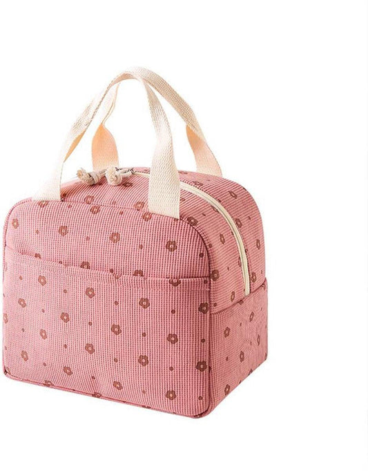 Lunch Bag - Corduroy - Lunch Box for Students/Work - Insulated Bag - Waterproof - Portable Handle - Cute Lunch Bag - Pink.
