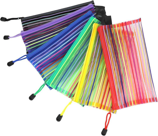 Storage Bags - Set of 6 - Pencil Case - 6 different colored mesh pockets with zipper - Nylon pencil case - 23x12 cm.