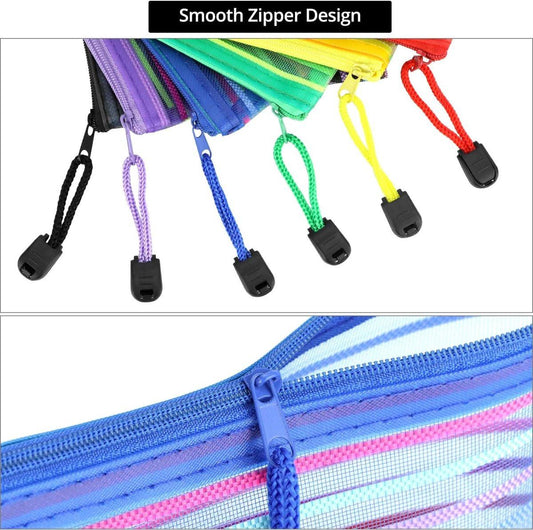 Storage Bags - Set of 6 - Pencil Case - 6 different colored mesh pockets with zipper - Nylon pencil case - 23x12 cm.
