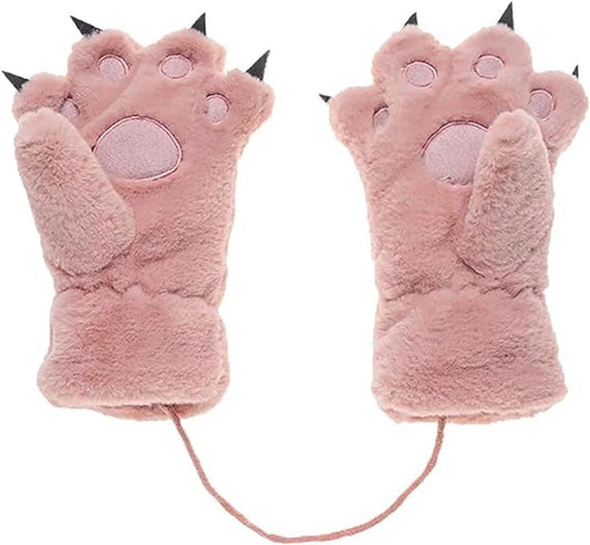 Gloves - 1 pair - Winter gloves - Cartoon gloves - Neckband - Children's gloves - Warm gloves - Plush gloves - One sizeï¼Pinkï¼.