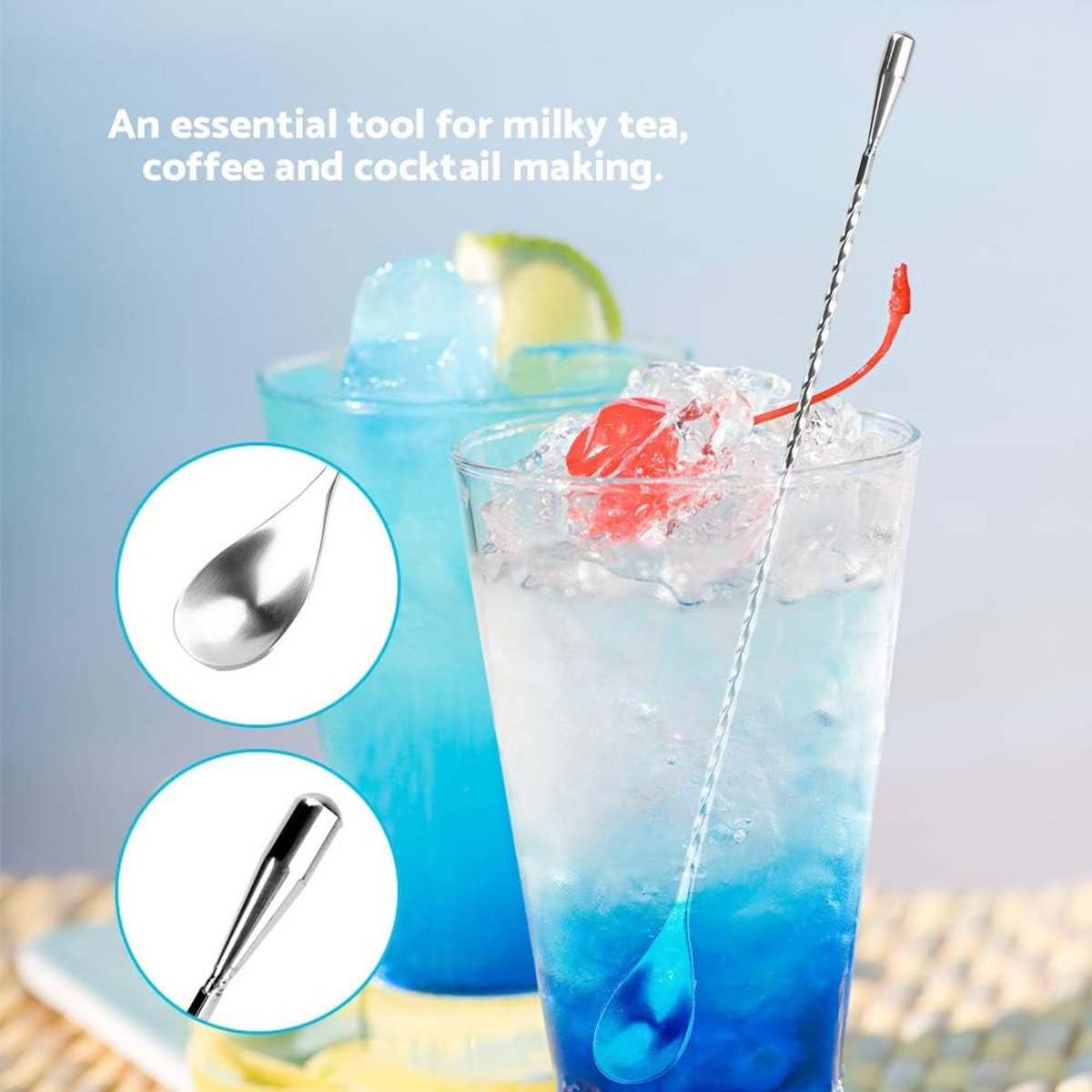 Stirring Spoons - 2 Pack - Stainless Steel Cocktail Spoons - 30cm Stainless Steel Cocktail Spoons - Long Handle Cocktail Mixer with Spiral Design - Suitable for bars, kitchens and other occasions.