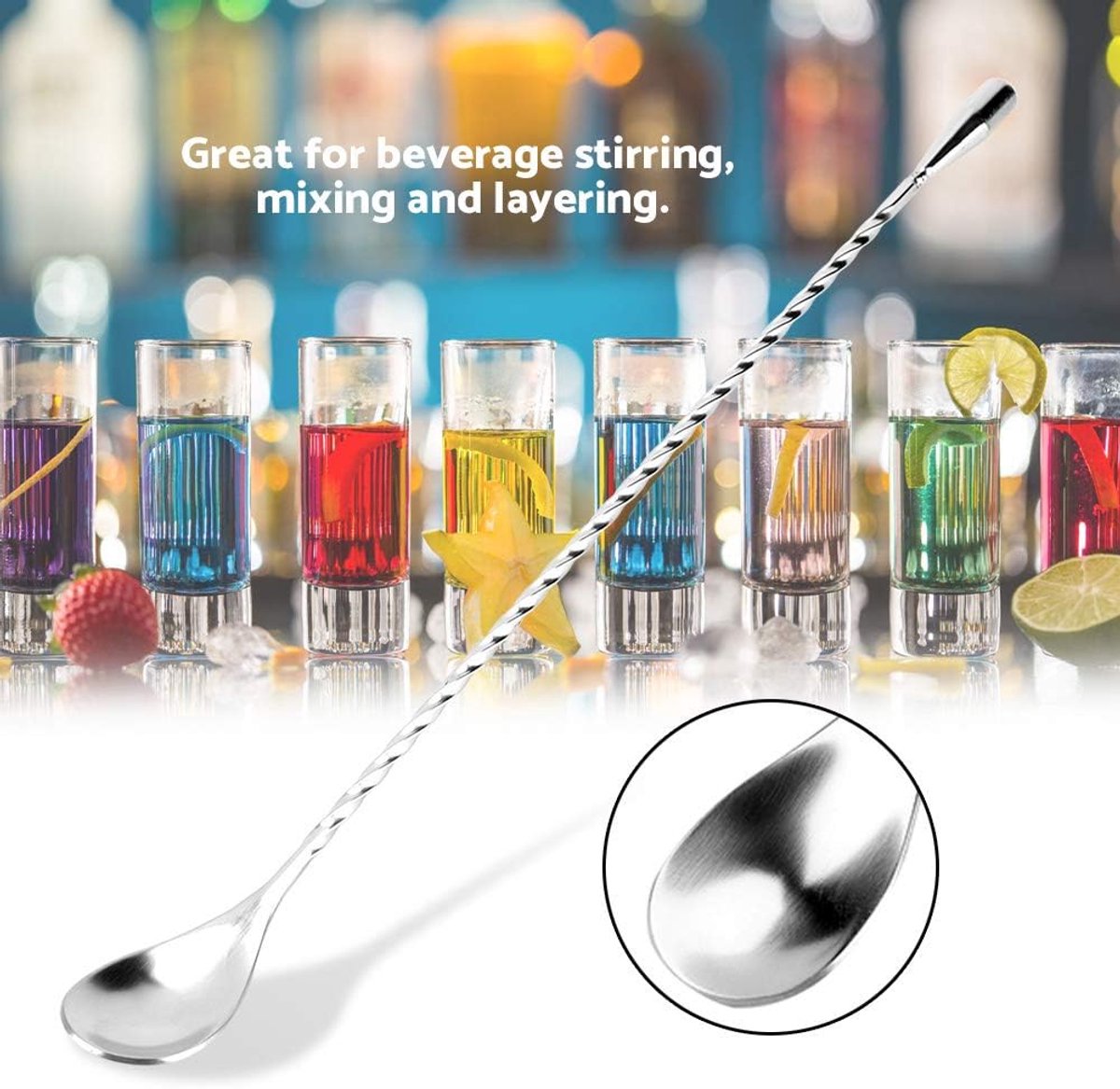 Stirring Spoons - 2 Pack - Stainless Steel Cocktail Spoons - 30cm Stainless Steel Cocktail Spoons - Long Handle Cocktail Mixer with Spiral Design - Suitable for bars, kitchens and other occasions.