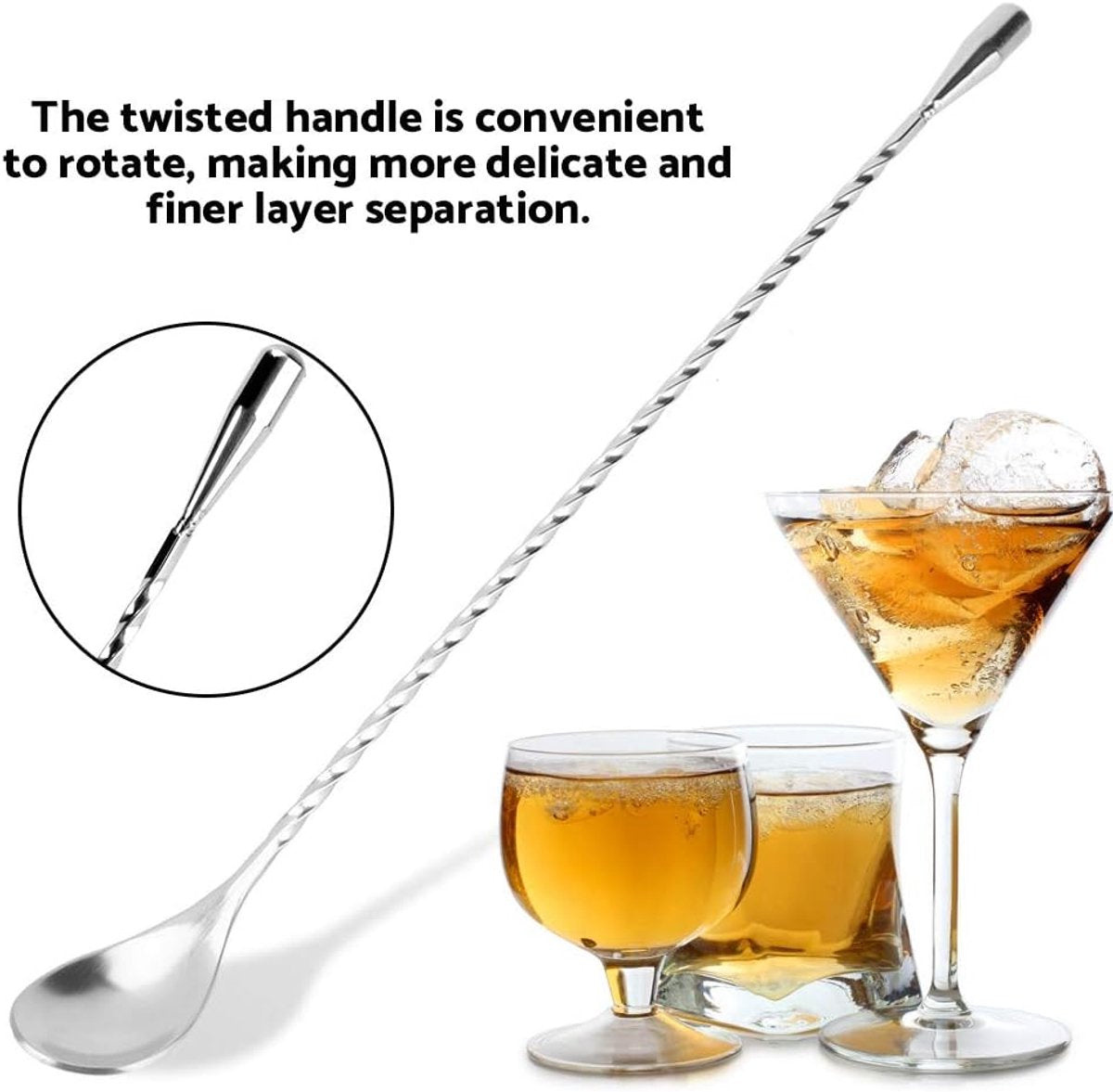 Stirring Spoons - 2 Pack - Stainless Steel Cocktail Spoons - 30cm Stainless Steel Cocktail Spoons - Long Handle Cocktail Mixer with Spiral Design - Suitable for bars, kitchens and other occasions.