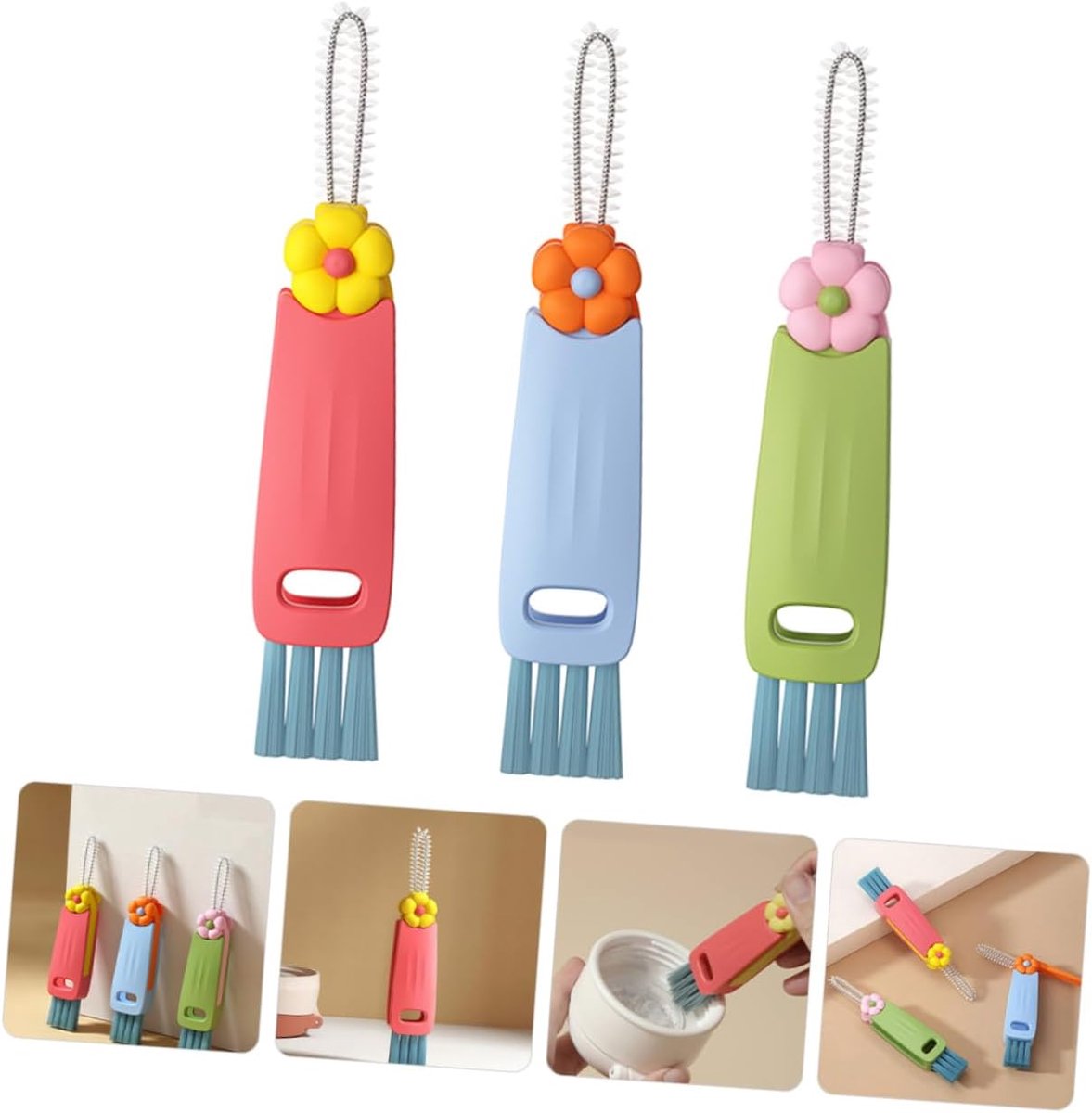 Brush - 3-piece set - Multifunctional cleaning brush - With soft bristles - Suitable for glass lids and bottle caps - Ideal for small spaces and cup accessories