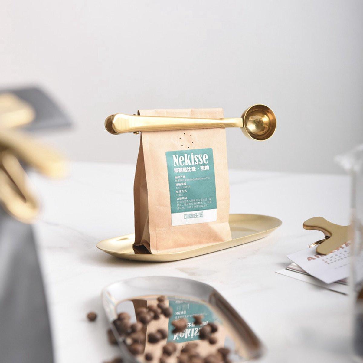 Coffee spoon - measuring spoon with closing clip - coffee accessories - bean spoon - measuring spoon - gold.