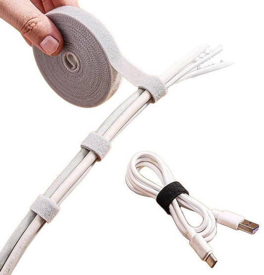 Cable Organizer with Velcro - Cable Ties for Data Cables - Reusable Straps - For storing mobile phone cables, laptop cables and chargers (Gray roll, 5 meters * 1.2 cm).